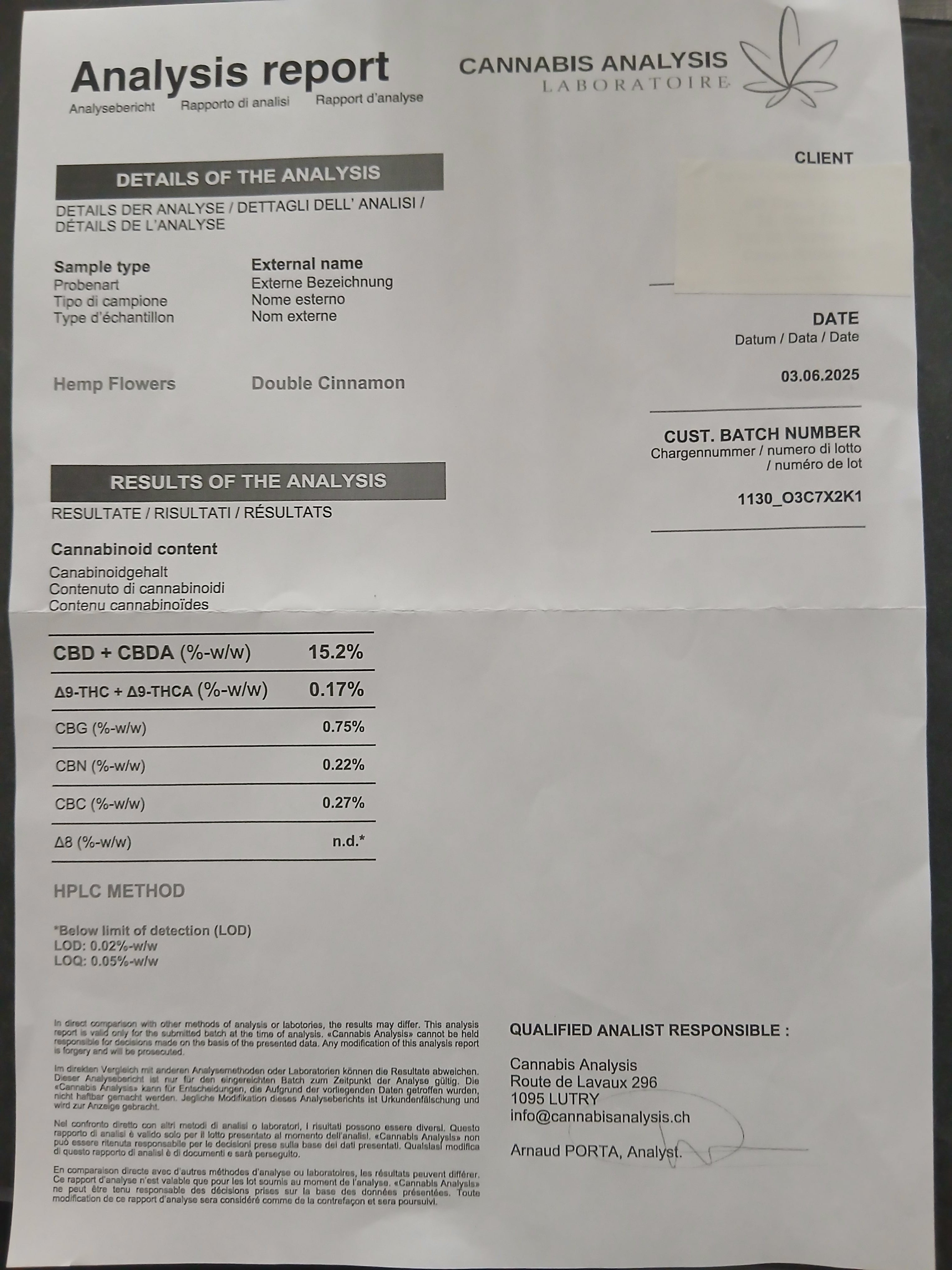 COA analyse Double Cinnamon CBD